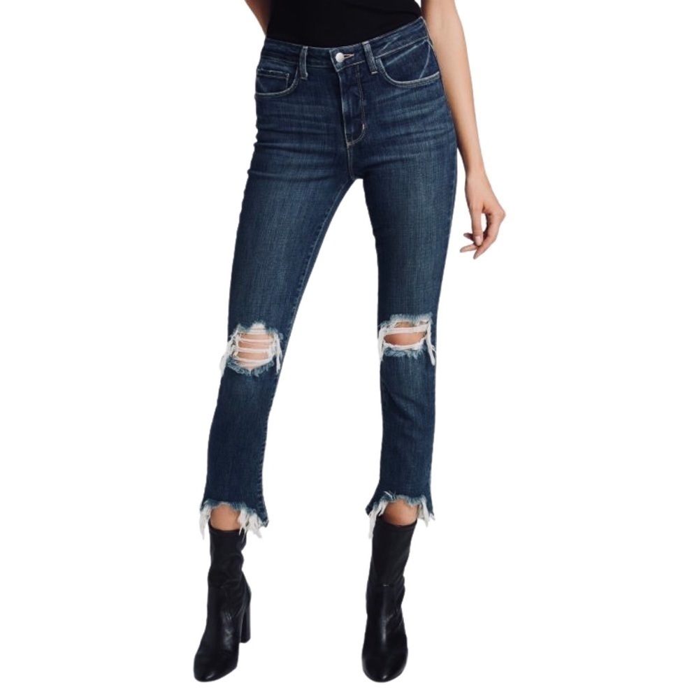 New! L'AGENCE Distressed High Line Jean Skinny Classic Dark Raw Hem Jeans